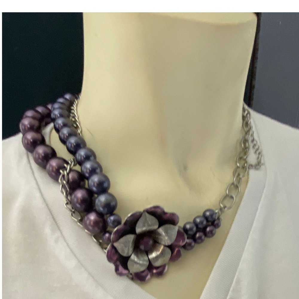 Beaded Statement‎ Necklace Brown Black Bronze Tones Floral Centerpiece